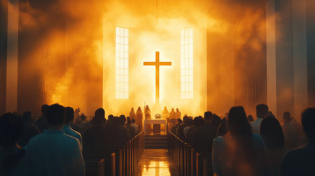 A Christian congregation in worship with a cross and image of Jesus Christ displayed above the altarの素材