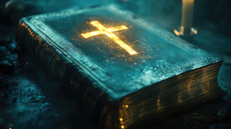 A close-up of the Bible with a cross and a glowing image of Jesus, reflecting faith and spiritualityの素材