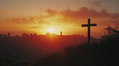 A beautiful sunrise over a cross, with the silhouette of Jesus in the distance, symbolizing resurrectionの素材