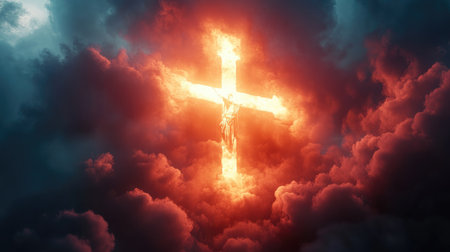 A bright, glowing cross with the face of Jesus Christ shining through clouds, representing salvationの素材