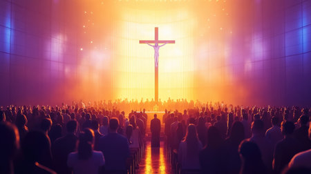 A Christian congregation in worship with a cross and image of Jesus Christ displayed above the altarの素材