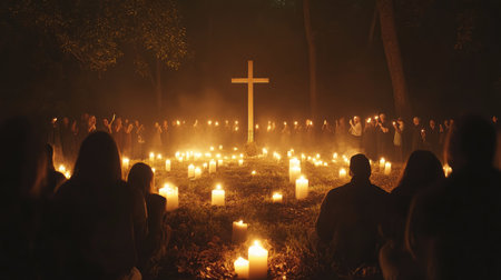 A candlelight vigil with people praying and a cross in the background, symbolizing devotion to Jesusの素材