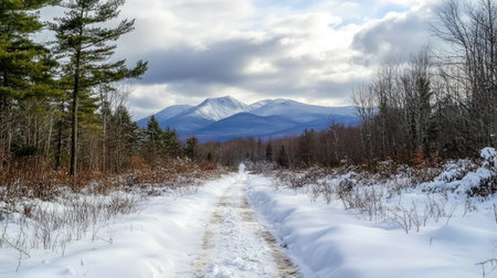 A snow-covered forest trail leading to a distant mountain range, under a cloudy winter skyの素材