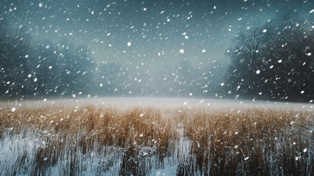 A deserted winter field with fresh snow and a light snowstorm drifting over itの素材