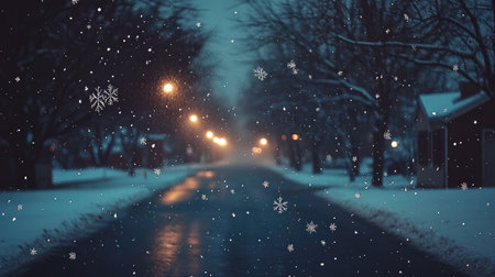Snowflakes falling gently over an empty road lined with snow-covered trees in a quiet winter townの素材