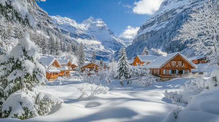 A wide-angle shot of a snow-covered village nestled in the mountains, with trees blanketed in snowの素材