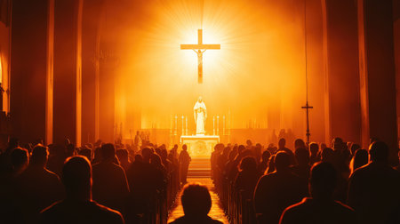 A Christian congregation in worship with a cross and image of Jesus Christ displayed above the altarの素材