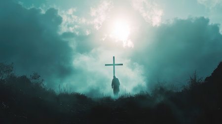 A bright sky with the silhouette of Jesus and a cross, symbolizing divine love and sacrificeの素材