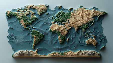 3D world map with shadows, highlighting key continents and country boundariesの素材