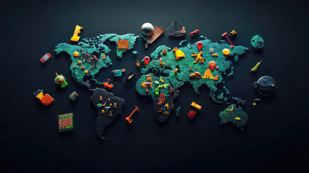 3D world map on a dark background with floating icons representing global eventsの素材