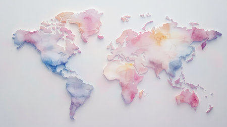 A world map with soft watercolor textures and pastel continents, abstract designの素材