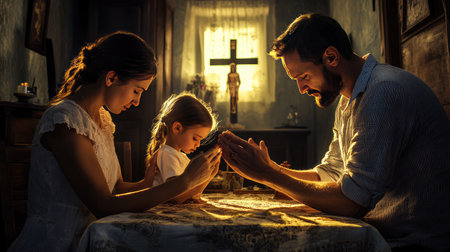 A Christian family praying together, with a crucifix and image of Jesus Christ in the backgroundの素材