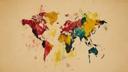 Artistic world map made of watercolor splashes and brush strokes, colorful styleの素材