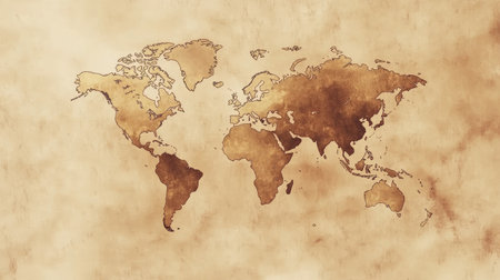 World map on an old parchment background, vintage aesthetic with faded edgesの素材
