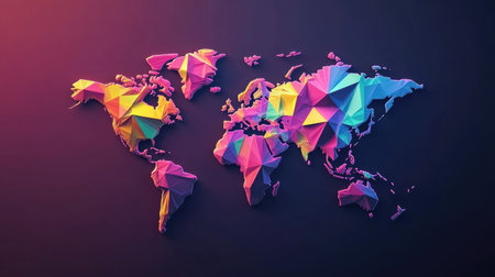 An abstract world map made from floating geometric shapes and vibrant huesの素材