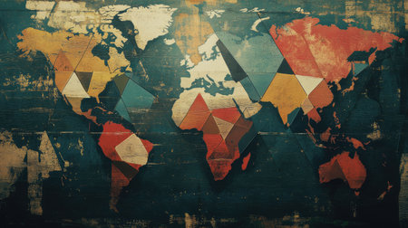 Geometric world map with interconnected triangles representing continentsの素材