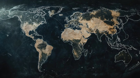 World map with thin white lines outlining continents against a black backgroundの素材