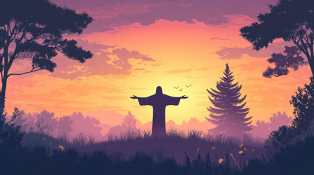 A peaceful landscape with a silhouette of Jesus with arms outstretched, representing faith and hopeの素材