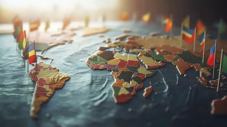 World map with country flags representing different nations, dynamic compositionの素材