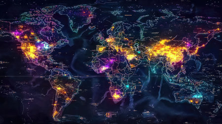 World map with bright neon outlines of continents and bright data points for major citiesの素材