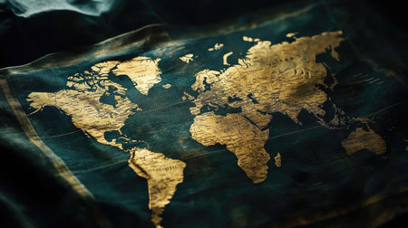 Vintage world map on a dark fabric texture with soft lighting for a classic lookの素材