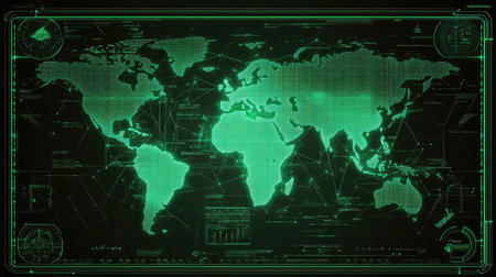 Digital world map with glowing lines and data points, modern and high-tech lookの素材