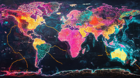 World map with bright neon accents, emphasizing global travel routesの素材