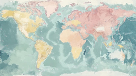 World map with a pastel color scheme, soft gradients filling in the continentsの素材