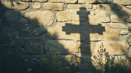 A cross casting a shadow on a stone wall, creating a reflective space for message placementの素材