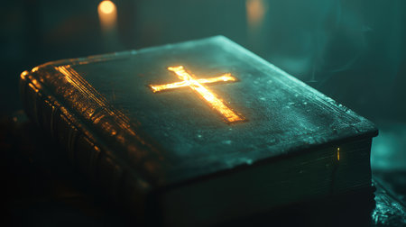 A close-up of the Bible with a cross and a glowing image of Jesus, reflecting faith and spiritualityの素材