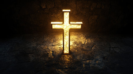 A golden cross glowing under a radiant light, symbolizing the resurrection of Jesus Christの素材
