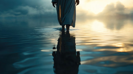 A scene of Jesus walking on water, symbolizing faith, miracles, and the power of beliefの素材