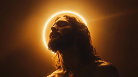 A depiction of Jesus in a halo of light, symbolizing his divinity and role in Christianityの素材