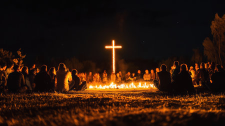A candlelight vigil with people praying and a cross in the background, symbolizing devotion to Jesusの素材