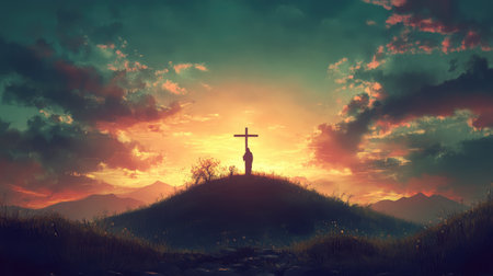 A silhouette of Jesus on a hill, with a cross behind him and a radiant sunset, symbolizing the crucifixionの素材