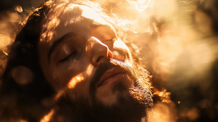 A serene depiction of Jesus face with a soft light behind him, evoking peace and spiritual connectionの素材