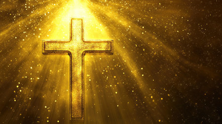 A golden cross glowing under a radiant light, symbolizing the resurrection of Jesus Christの素材