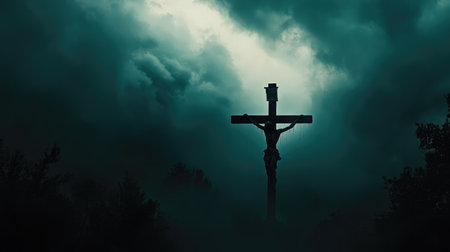 A powerful image of Jesus Christ on the cross with a dark stormy sky, symbolizing sacrifice and redemptionの素材