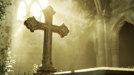 A close-up of a cross with soft sunlight streaming through, creating a peaceful and holy atmosphereの素材