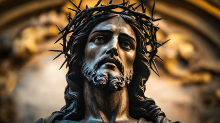 A portrait of Jesus with a crown of thorns, symbolizing his suffering and sacrifice for humanityの素材