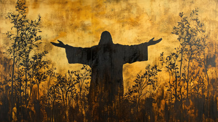A peaceful landscape with a silhouette of Jesus with arms outstretched, representing faith and hopeの素材