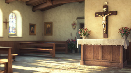 A peaceful, tranquil scene of a church with a crucifix of Jesus Christ displayed prominentlyの素材