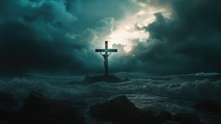 A powerful image of Jesus Christ on the cross with a dark stormy sky, symbolizing sacrifice and redemptionの素材