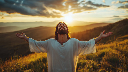 A powerful image of Jesus with open arms on a hill, symbolizing his message of love and redemptionの素材