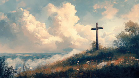 A peaceful scene of a cross with soft clouds and a serene landscape, symbolizing the peace of Jesusの素材