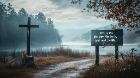 A peaceful landscape with a cross and the words "Jesus is the way, the truth, and the life"の素材
