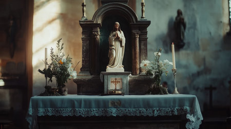 A peaceful scene of a Christian church altar with a statue of Jesus, symbolizing Christian worshipの素材