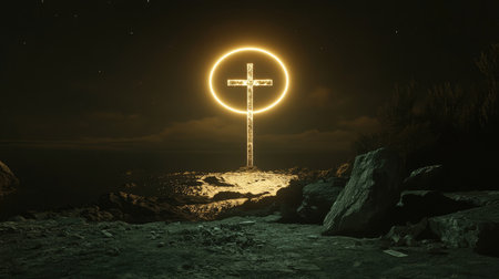 A cross with a light halo shining above it, representing Jesus Christ as the light of the worldの素材