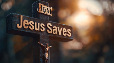 A powerful image of the cross with the words "Jesus Saves" in bold letters, symbolizing salvationの素材