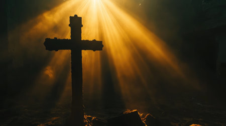 A cross in the foreground, with rays of light shining down, symbolizing Jesus as the light of the worldの素材